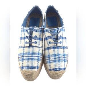 Tory Burch Florence Platform Espadrilles Plaid White Blue Jute Lace Up